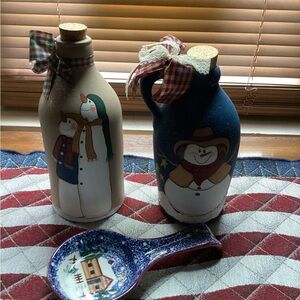 Festive Snowman Decor Bottles and Spoon Rest